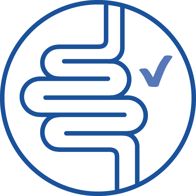 Icon of a digestive tract with a checkmark, representing healthy digestion