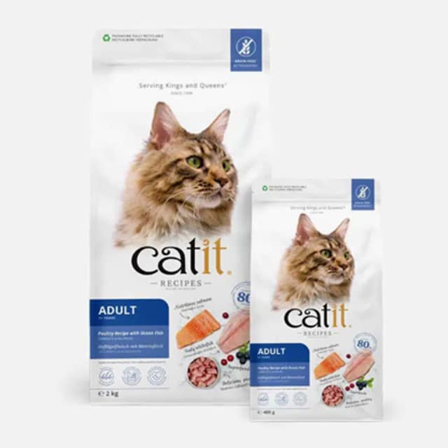 Two bags of Catit Adult Poultry Recipe with Ocean Fish cat food in 2kg and 400g sizes