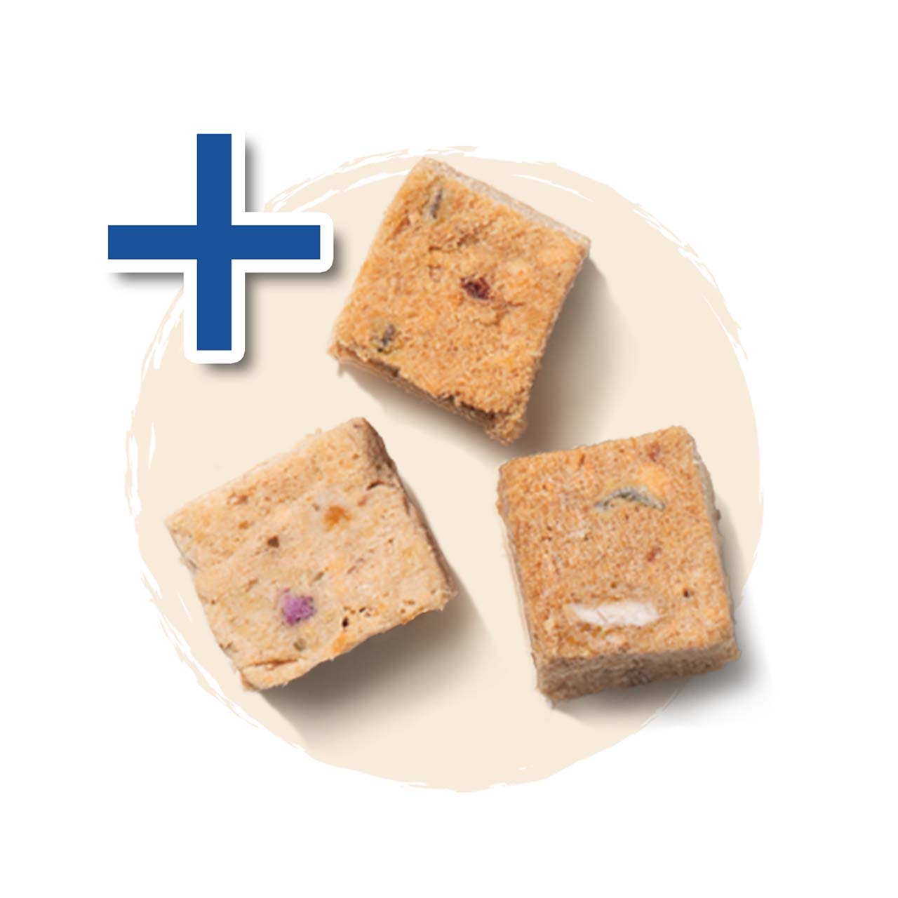 Three square, textured cat treat bites arranged on a circular beige background with a blue plus sign icon