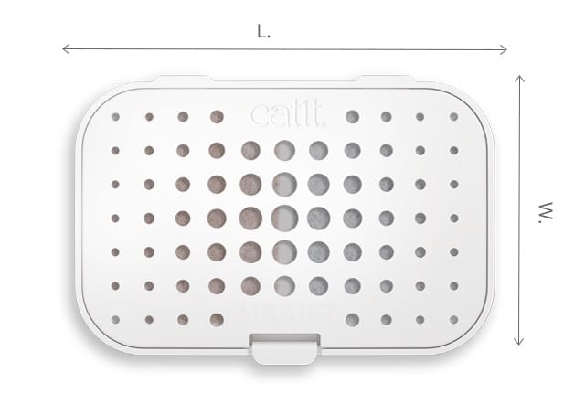 Catit Airsift litter box odor filter pod with length and width dimension arrows