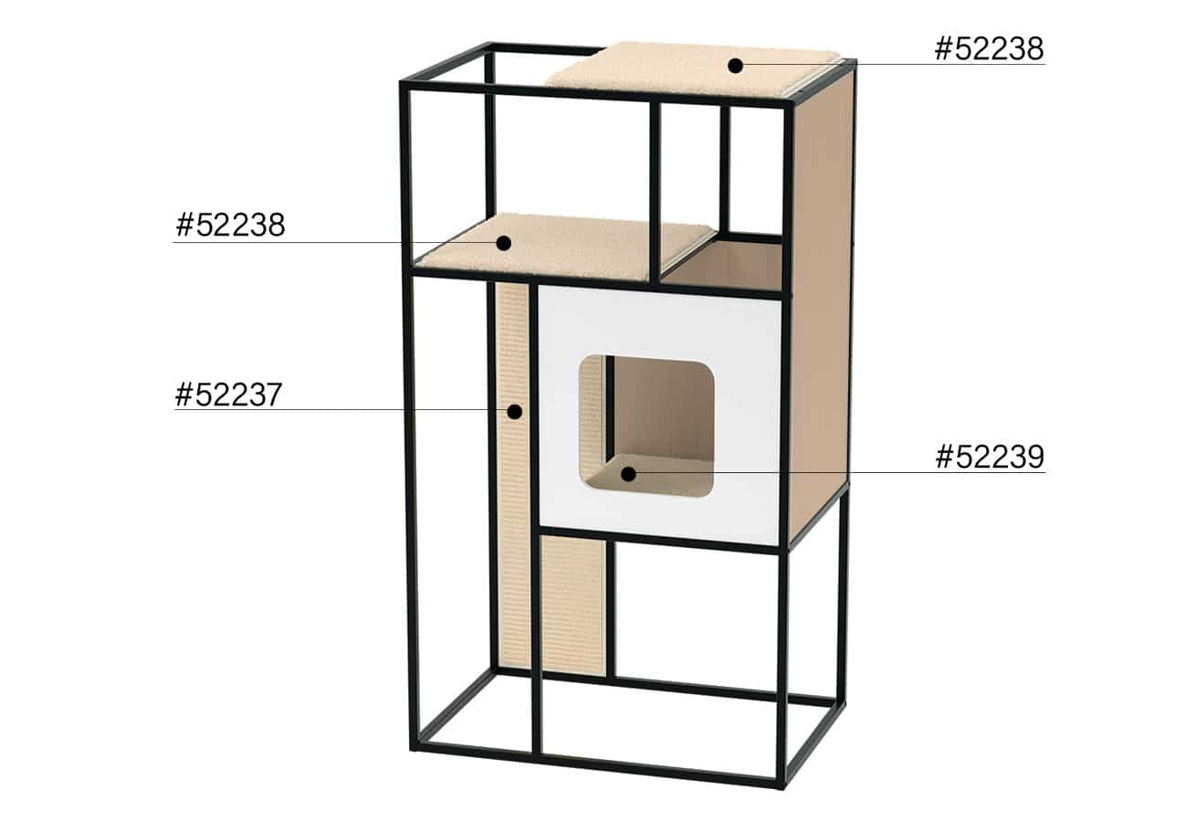 Catit Vesper Patio cat furniture with labels indicating spare parts #52237, #52238, and #52239