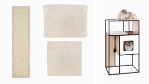Vesper Patio cat tree spare parts including a scratching panel and two plush cushions next to the assembled cat tree