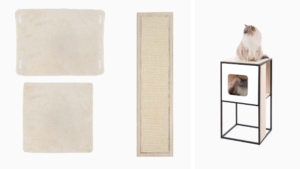 Replacement parts for a Vesper cat tower, including two plush cushions, a vertical scratching panel, and the assembled unit
