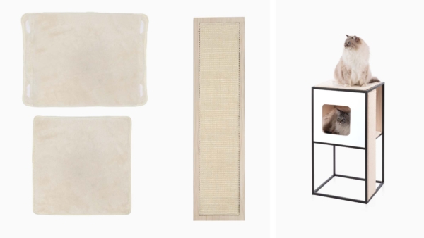 Replacement parts for a Vesper cat tower, including two plush cushions, a vertical scratching panel, and the assembled unit