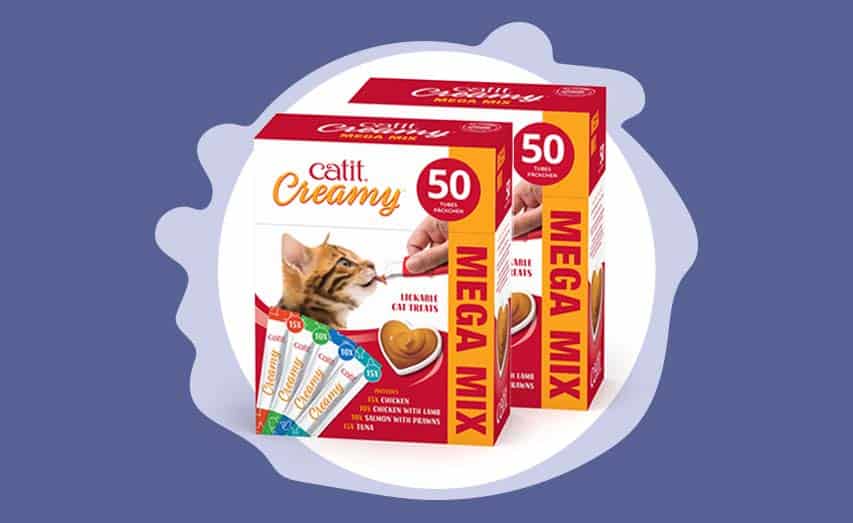 Catit Creamy lickable cat treats mega mix packaging containing 50 tubes in chicken, chicken with lamb, salmon with prawns, and tuna flavors