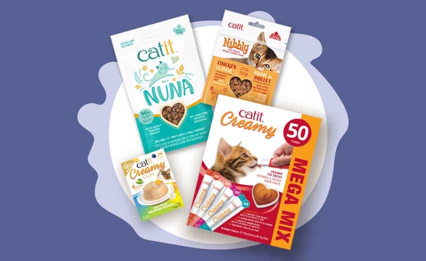 Assortment of Catit cat treat packaging including Nuna, Nibbly, Creamy, and Creamy Cups