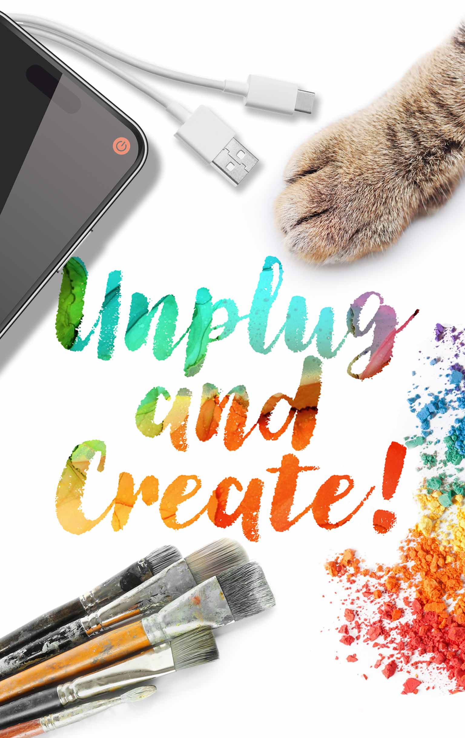 Promotional graphic for an art contest encouraging people to unplug from their devices and get creative