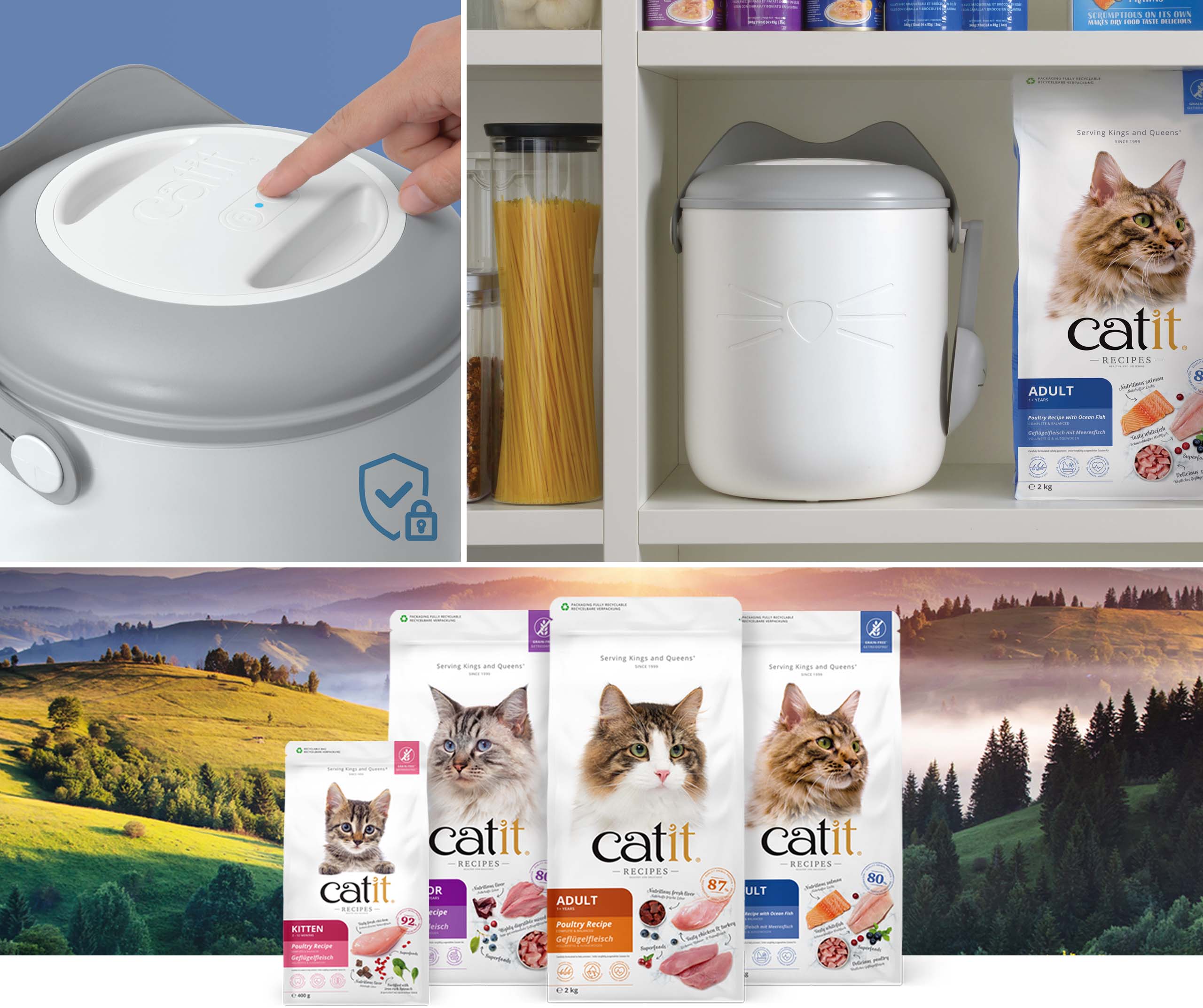Catit PIXI smart vacuum food container and various bags of Catit cat food packaging