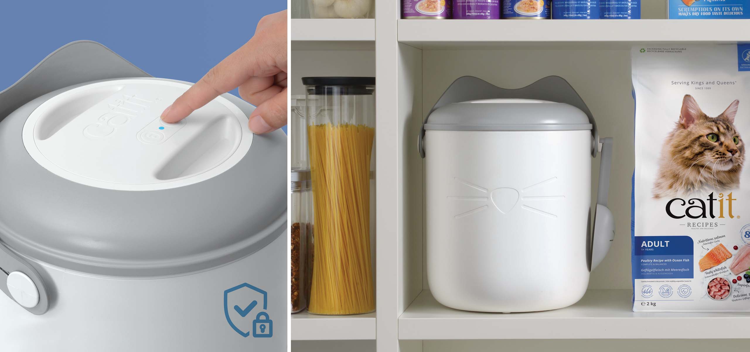 A person presses a button on a Catit PIXI vacuum food container, which is also shown stored on a shelf next to cat food packaging