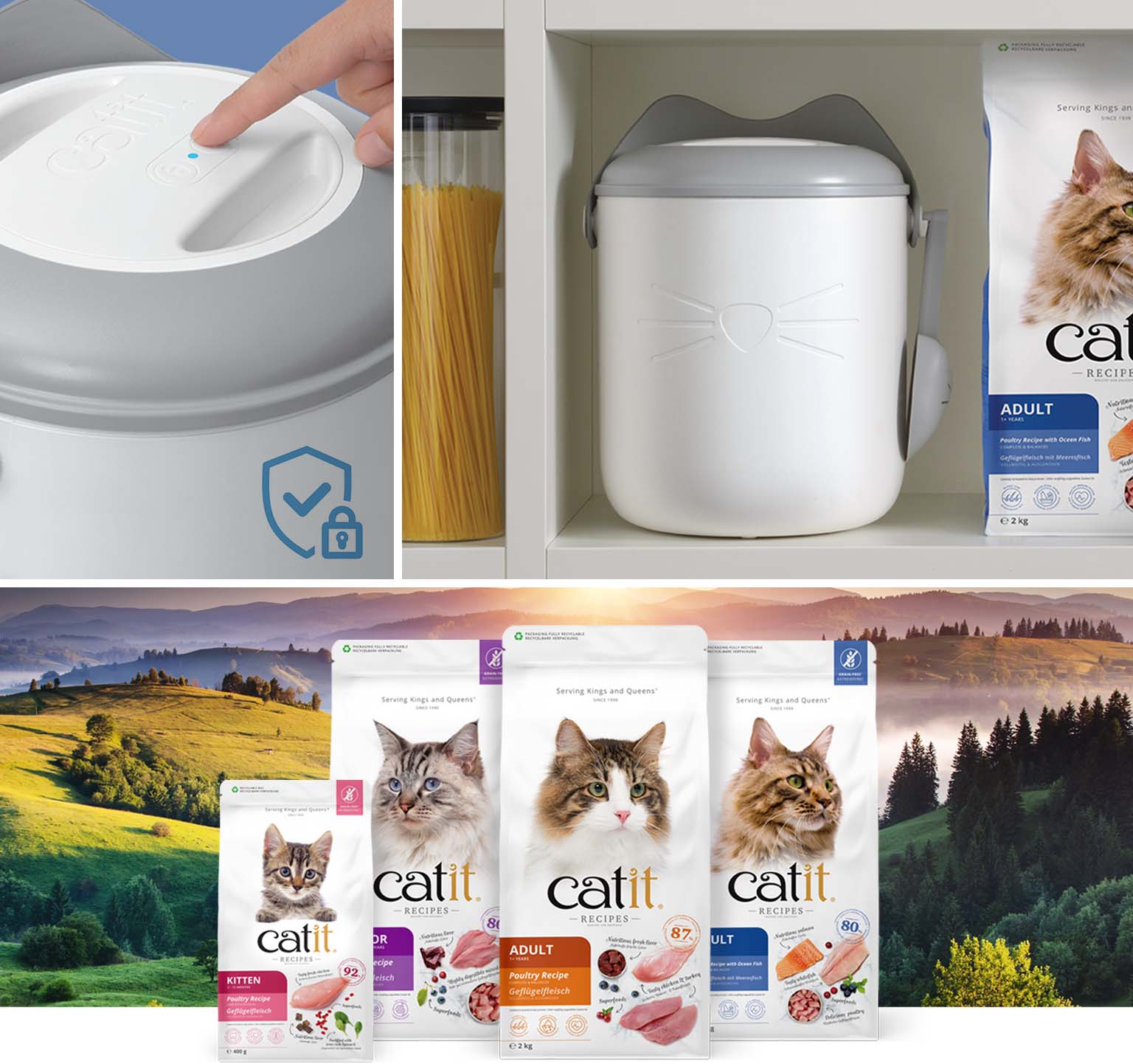 Catit food storage container with a locking lid and various bags of Catit dry cat food packaging