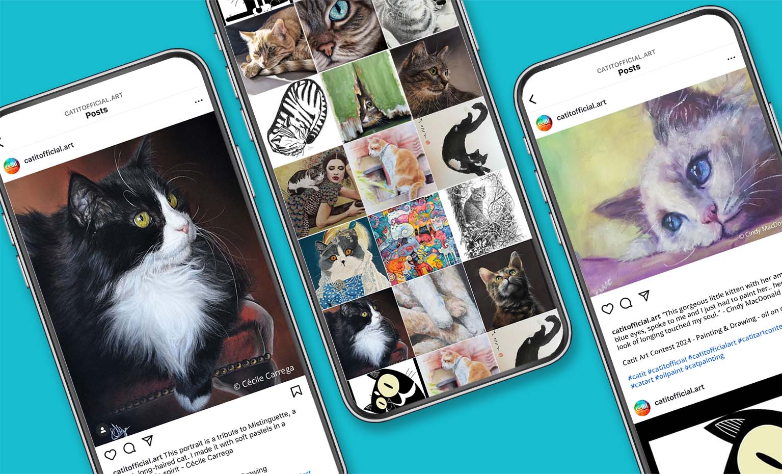Three smartphones displaying the Catit Official Instagram feed, showcasing various cat-themed artwork and portraits