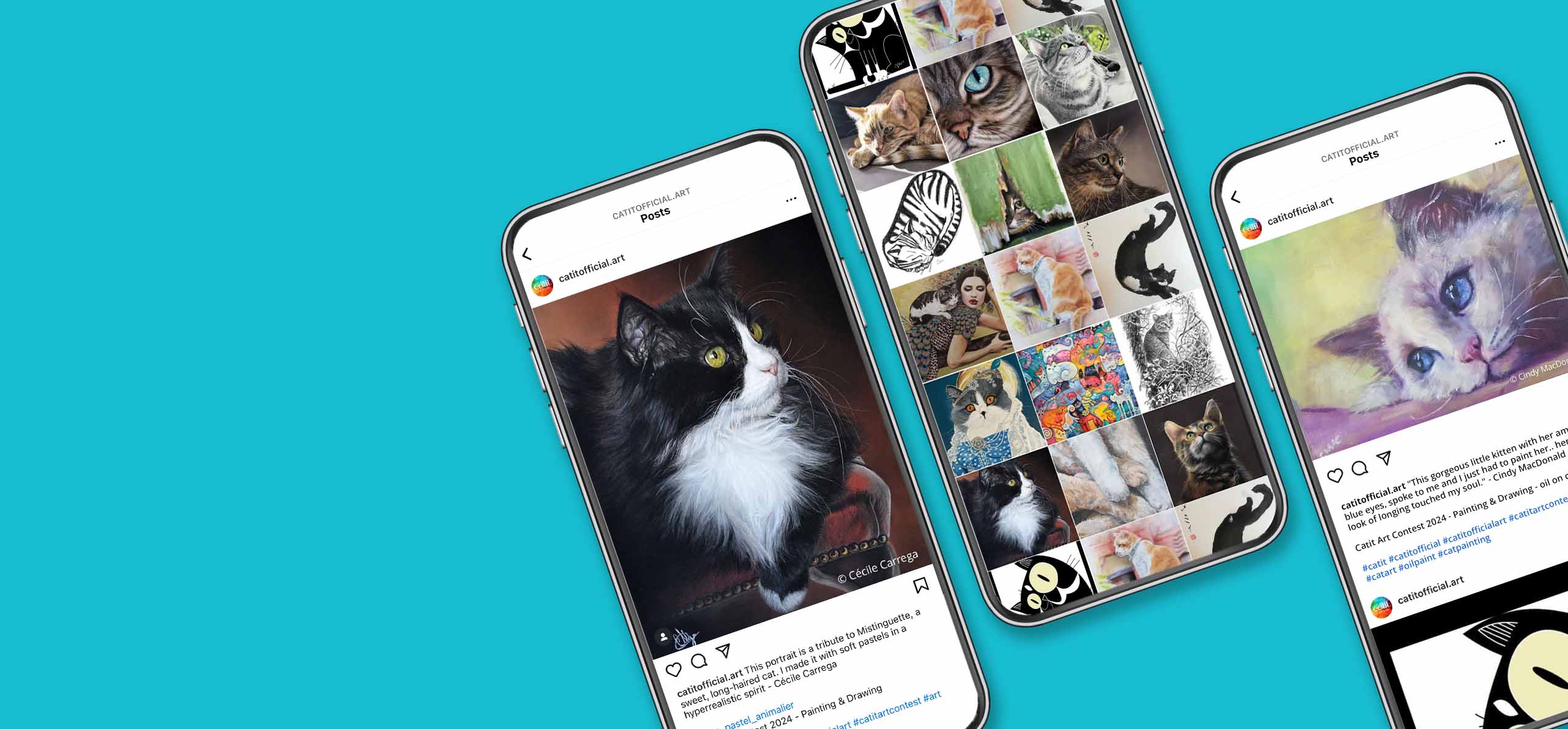 Three smartphones displaying the Catit Official Instagram account, featuring various cat-themed artwork and portraits