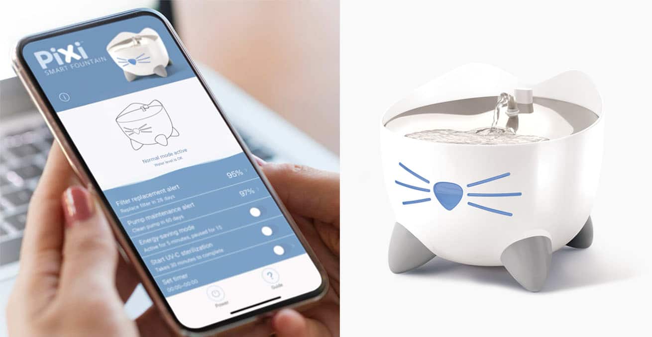 A person holding a smartphone displaying the PIXI Smart Fountain app next to the PIXI cat water fountain
