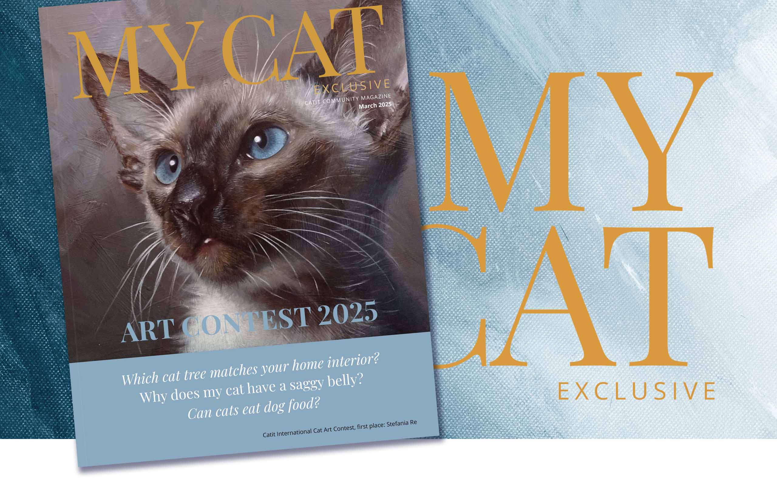 Promotional banner for the March 2025 Catit community magazine featuring an art contest and articles on cat care