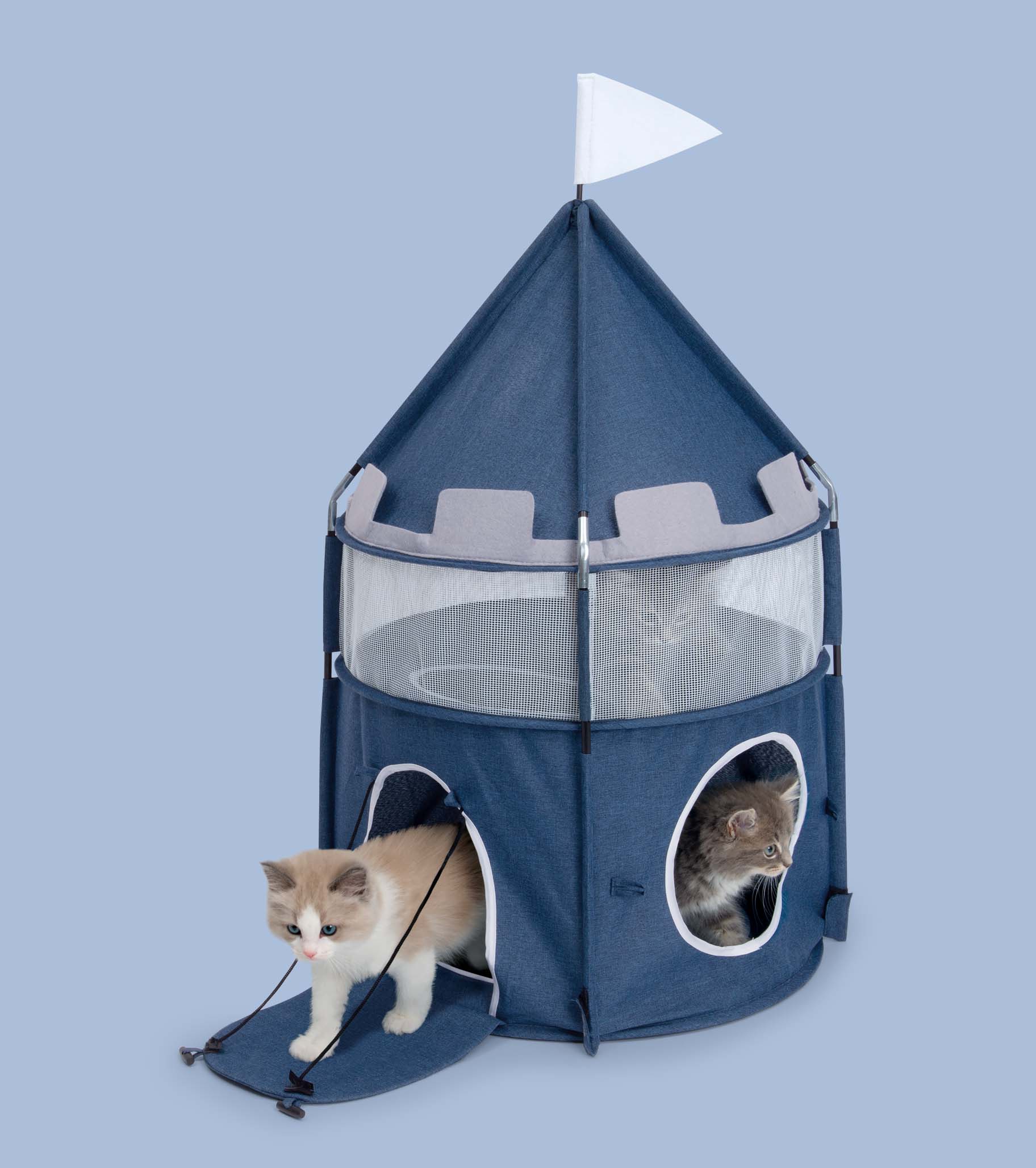 Two kittens playing in a blue, castle-shaped fabric cat tent with a white flag on top