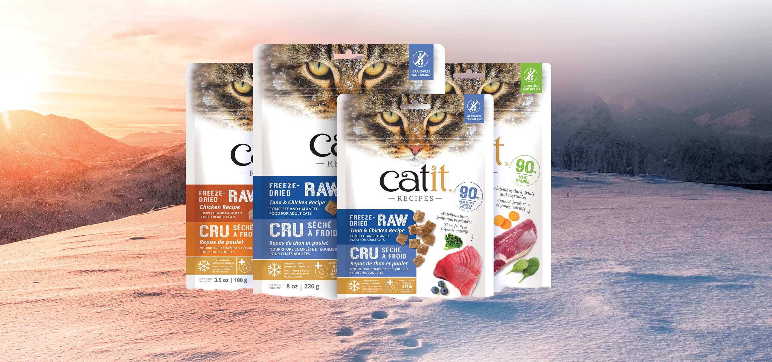 Three packages of Catit freeze-dried raw cat food in chicken and tuna recipes displayed against a snowy mountain background