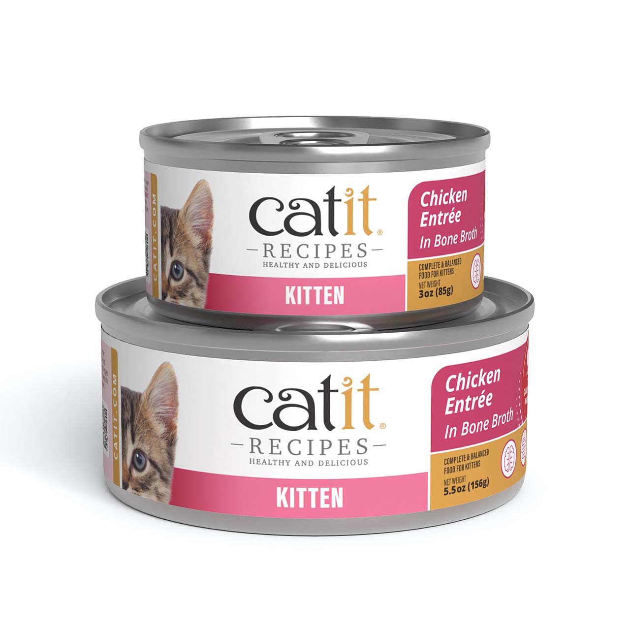 Two cans of Catit Recipes Chicken Entrée in Bone Broth kitten food, one 3oz and one 5.5oz