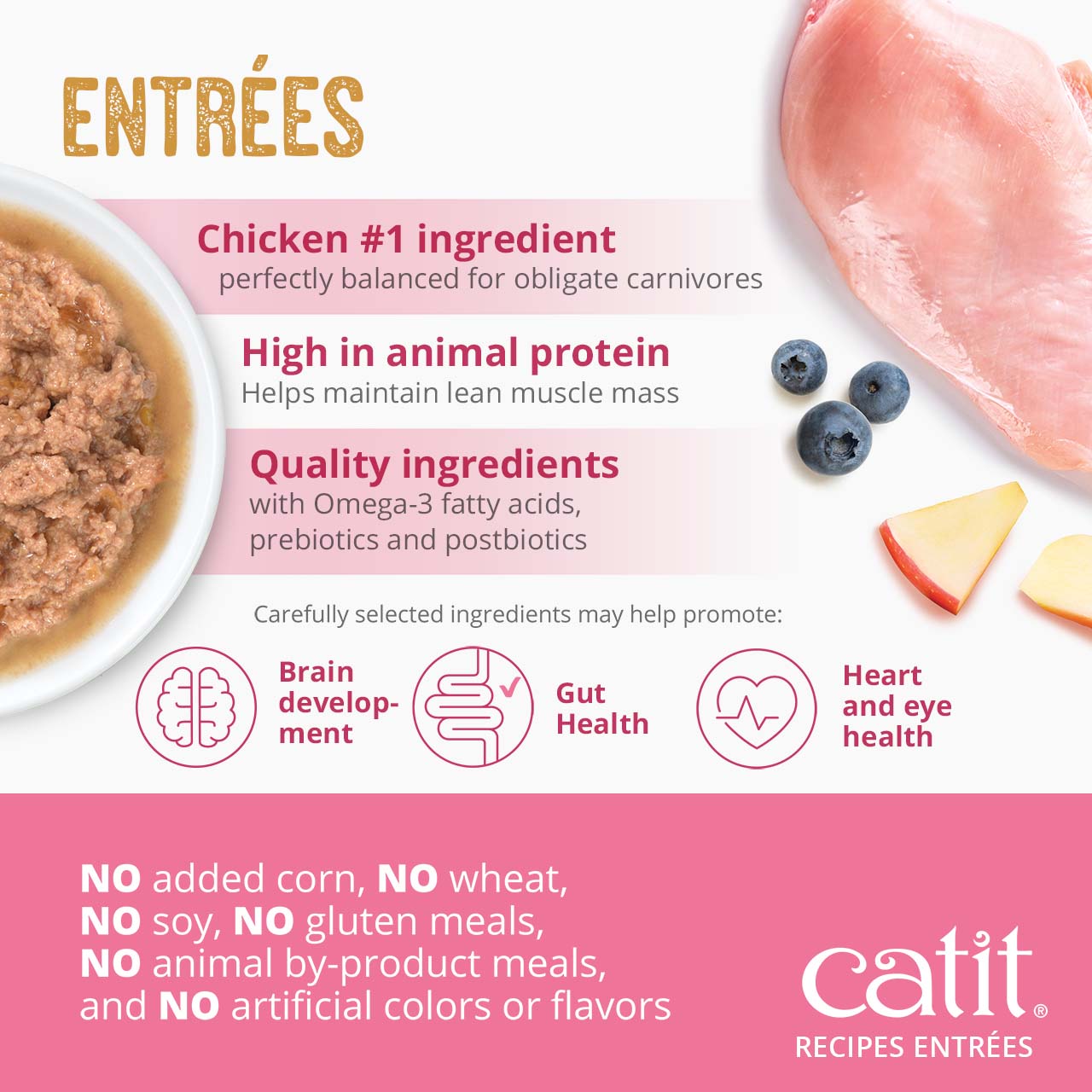 Catit Recipes Entrées kitten food features chicken as the first ingredient, high animal protein, and no artificial additives