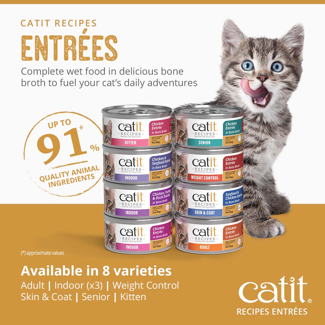 Catit Recipes Entrées wet cat food in eight varieties, featuring up to 91% quality animal ingredients in bone broth