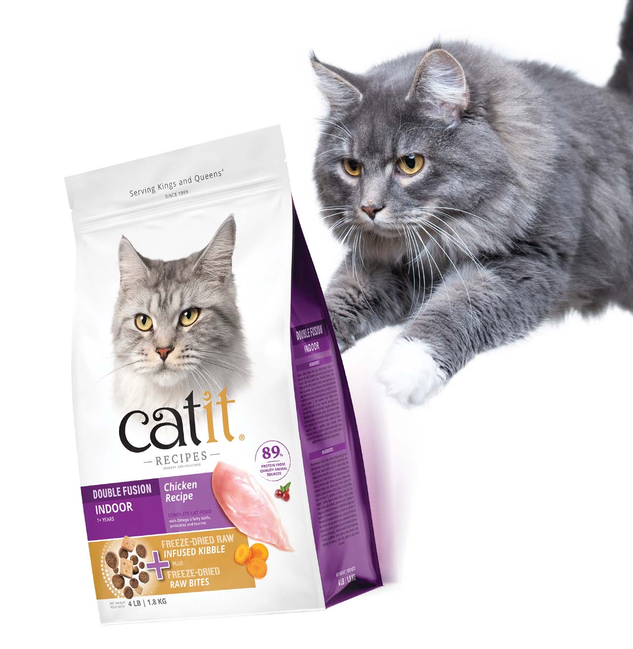 A fluffy grey cat reaching toward a bag of Catit Double Fusion Indoor Chicken Recipe cat food