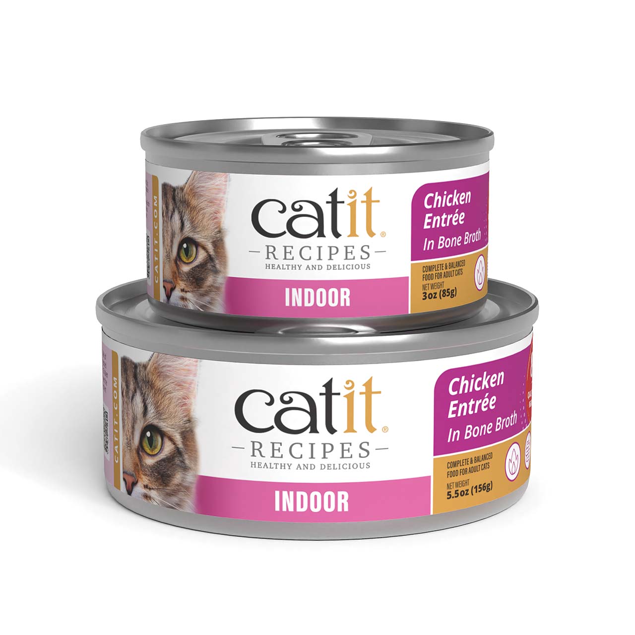 Two cans of Catit Recipes Indoor Chicken Entrée in Bone Broth cat food, shown in 3 oz and 5.5 oz sizes