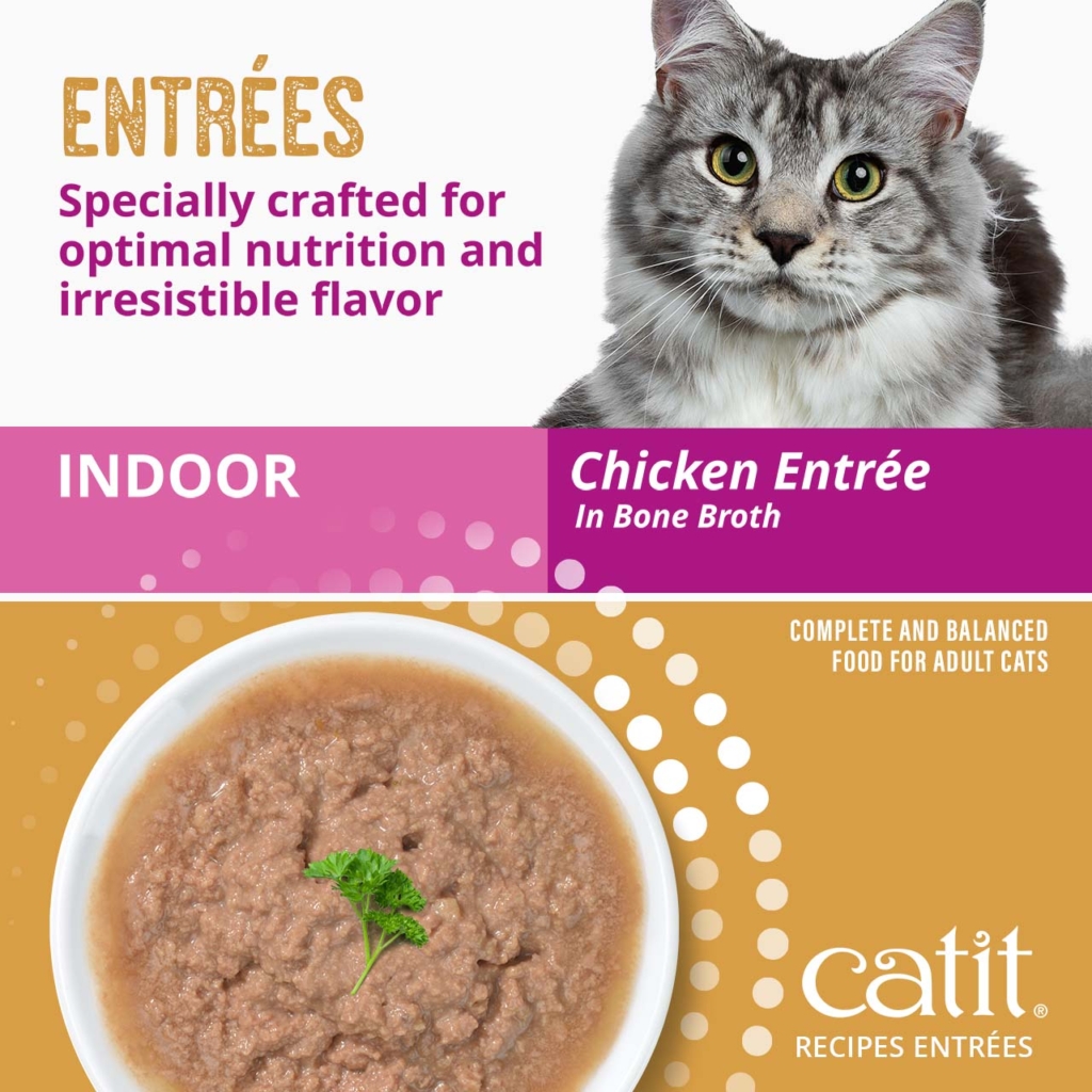 Catit Indoor Chicken Entrée in Bone Broth, a complete and balanced wet food for adult cats