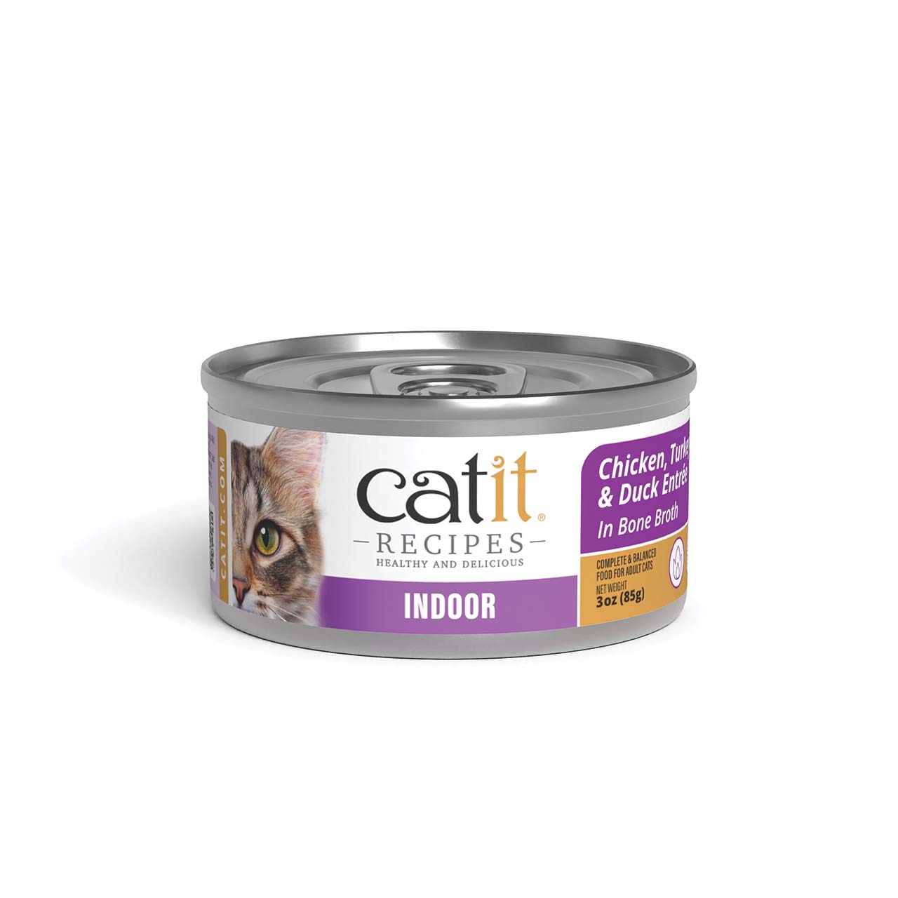 Catit Recipes Indoor Chicken, Turkey & Duck Entrée in Bone Broth cat food can