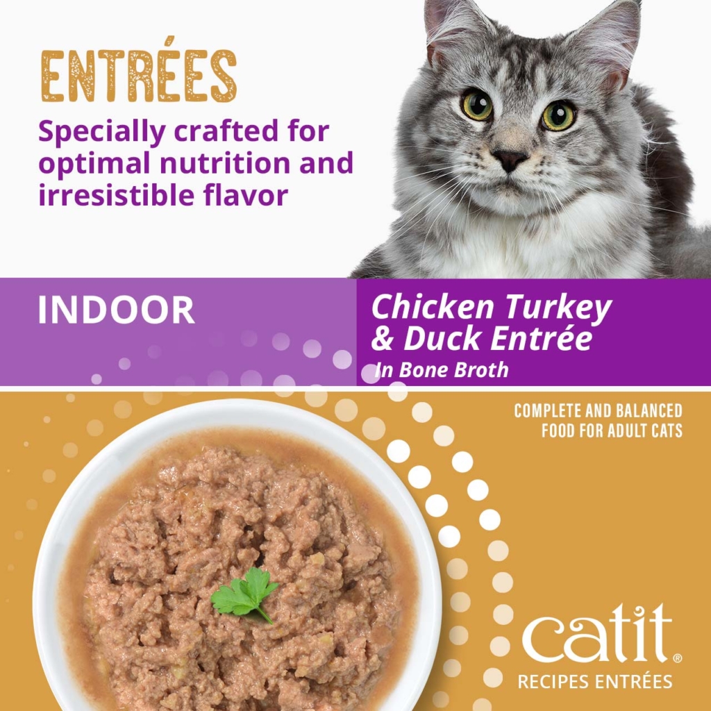 Catit Indoor Chicken, Turkey, and Duck Entrée in bone broth, a complete and balanced wet food for adult cats