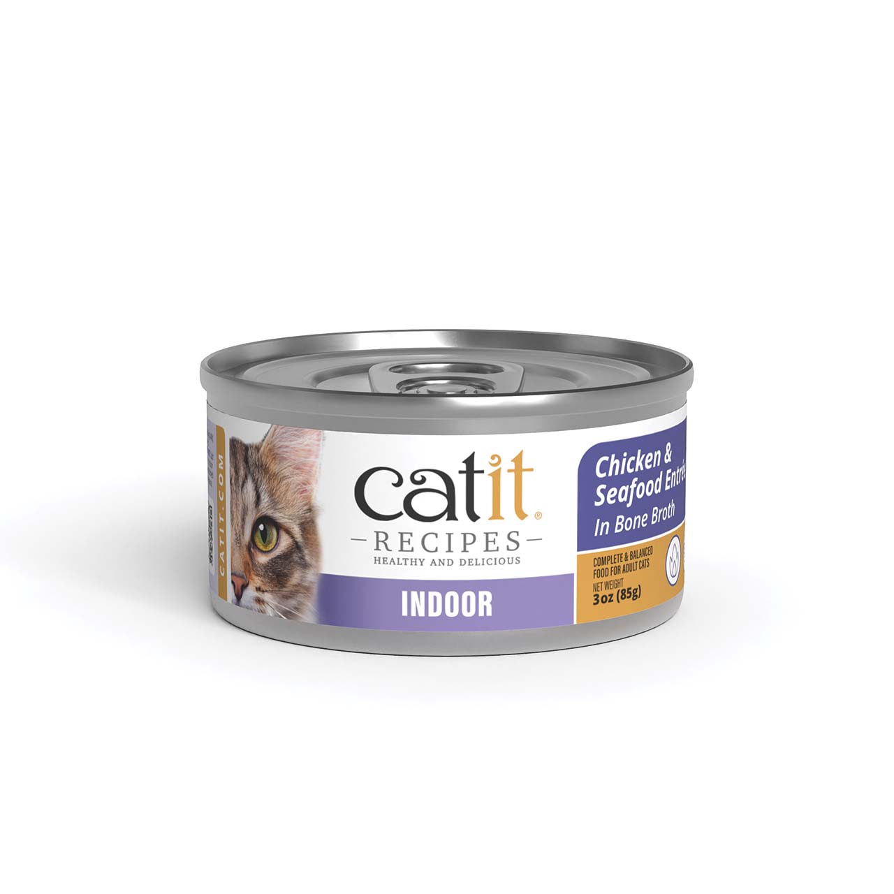 A 3oz can of Catit Recipes Indoor Chicken and Seafood Entree in Bone Broth cat food