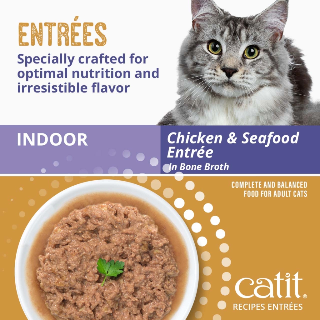 Catit Indoor Chicken and Seafood Entrée in bone broth, a complete and balanced wet food for adult cats