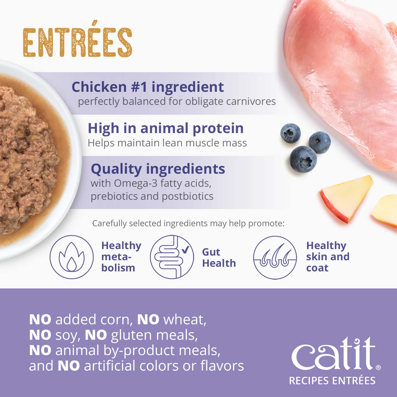 Catit Entrées cat food features chicken as the primary ingredient, high animal protein, and quality nutrients for health