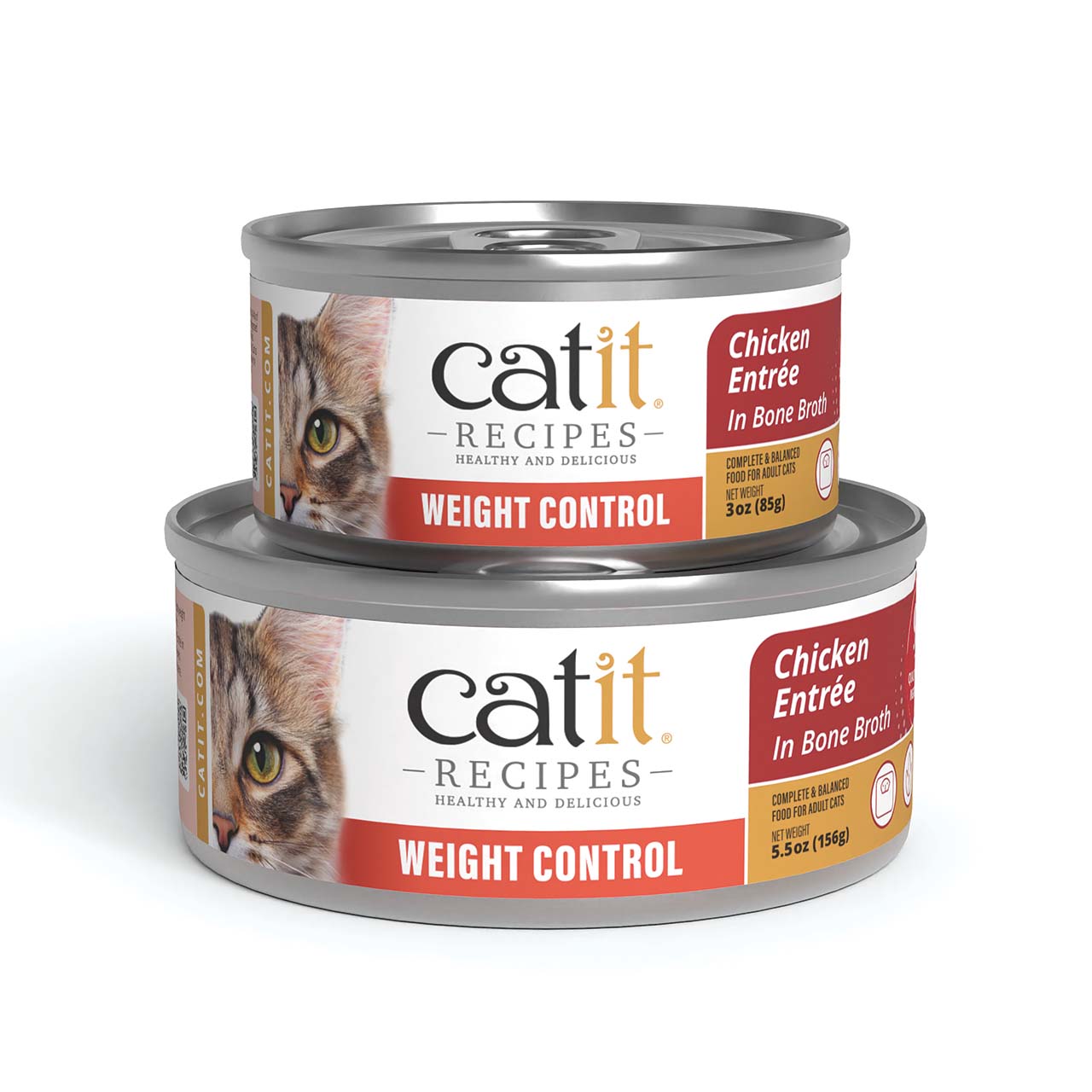 Two cans of Catit Recipes Weight Control Chicken Entrée in Bone Broth cat food, shown in 3 oz and 5.5 oz sizes
