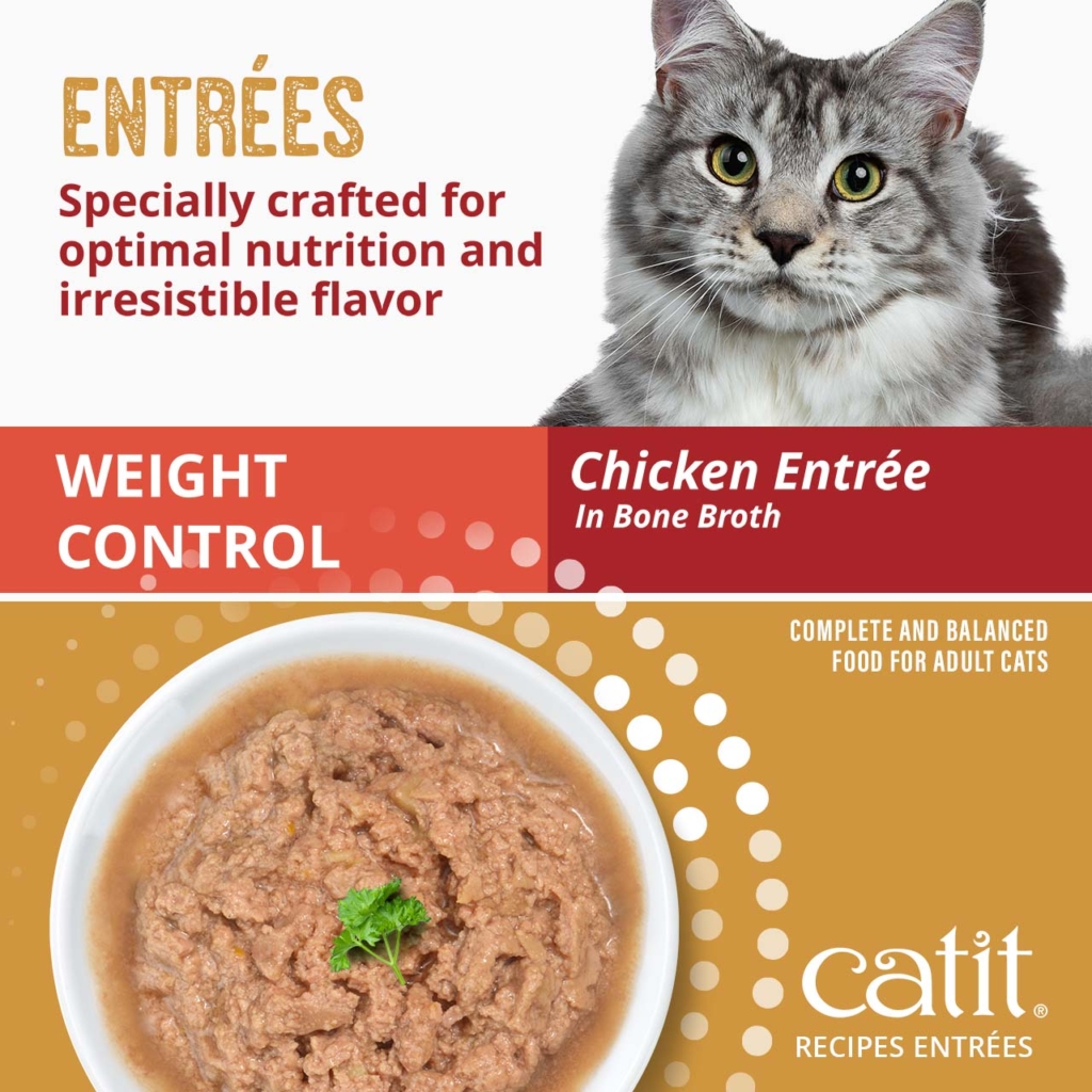Catit Weight Control Chicken Entrée in Bone Broth, a complete and balanced wet food for adult cats