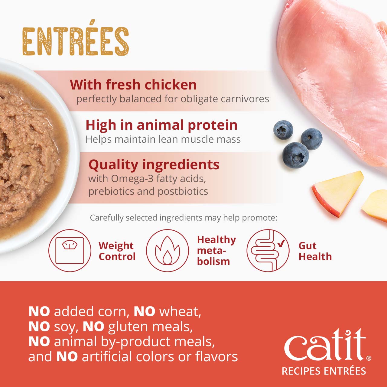 Catit Recipes Entrées cat food features fresh chicken, high animal protein, and quality ingredients to support weight, metabolism, and gut health without fillers or artificial additives