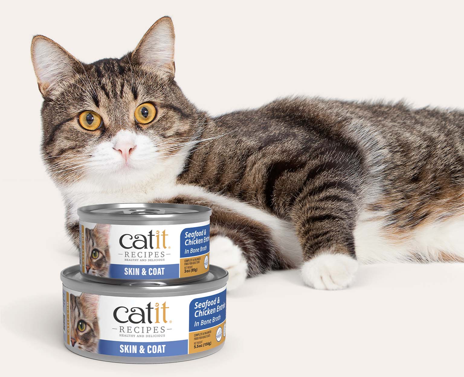 A tabby cat lying behind two cans of Catit Seafood and Chicken Entrée in Bone Broth cat food