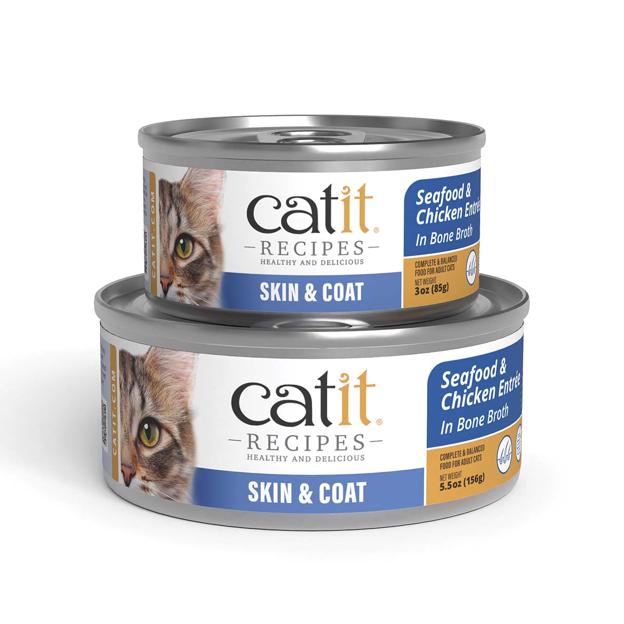 Two cans of Catit Recipes Skin & Coat Seafood & Chicken Entrée in Bone Broth cat food, in 3 oz and 5.5 oz sizes