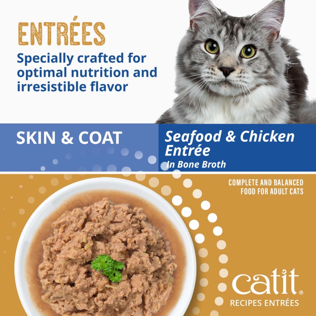 Catit Seafood & Chicken Entrée in Bone Broth, a complete and balanced wet food for adult cats designed for skin and coat