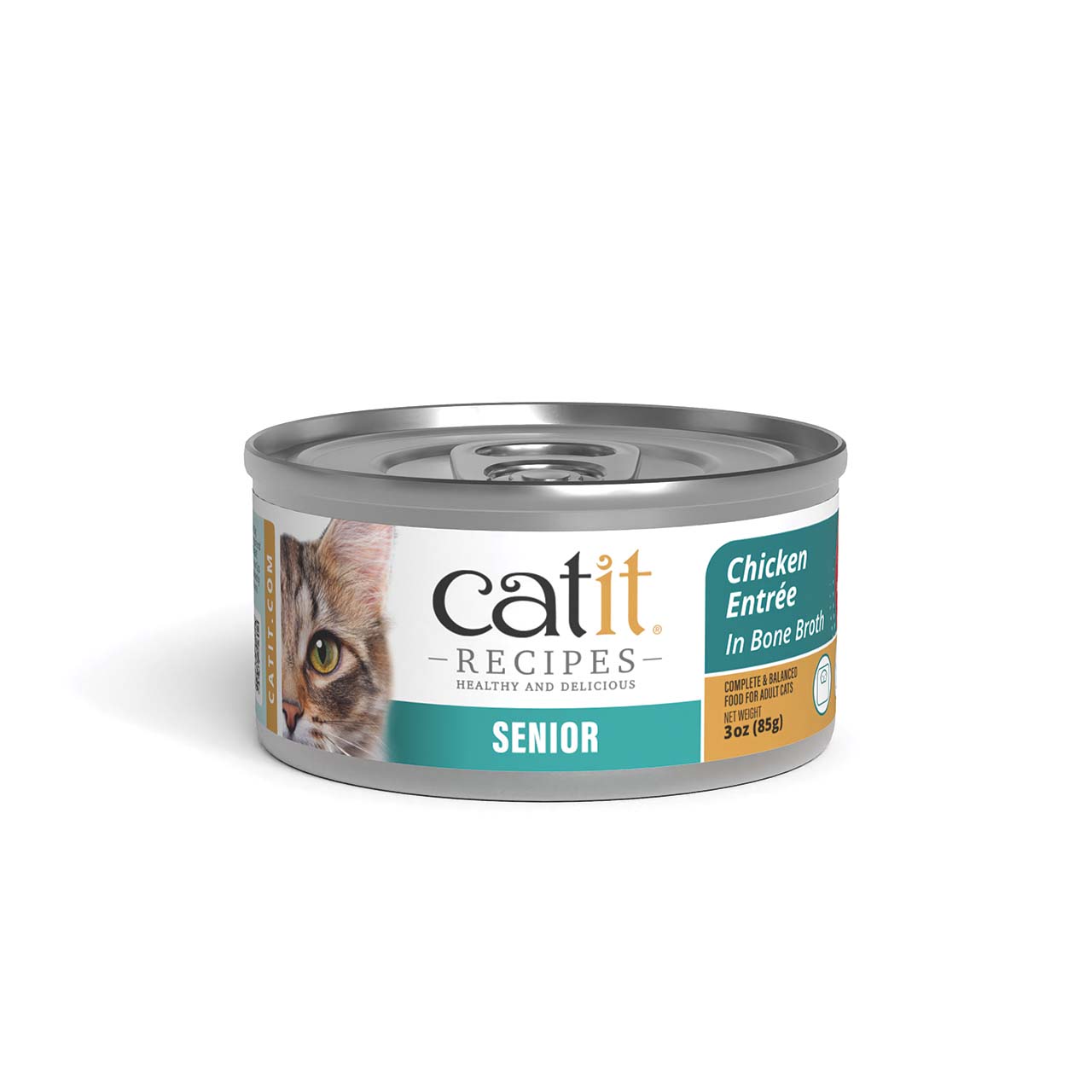 Catit Recipes Senior Chicken Entrée in Bone Broth wet cat food in a 3oz can