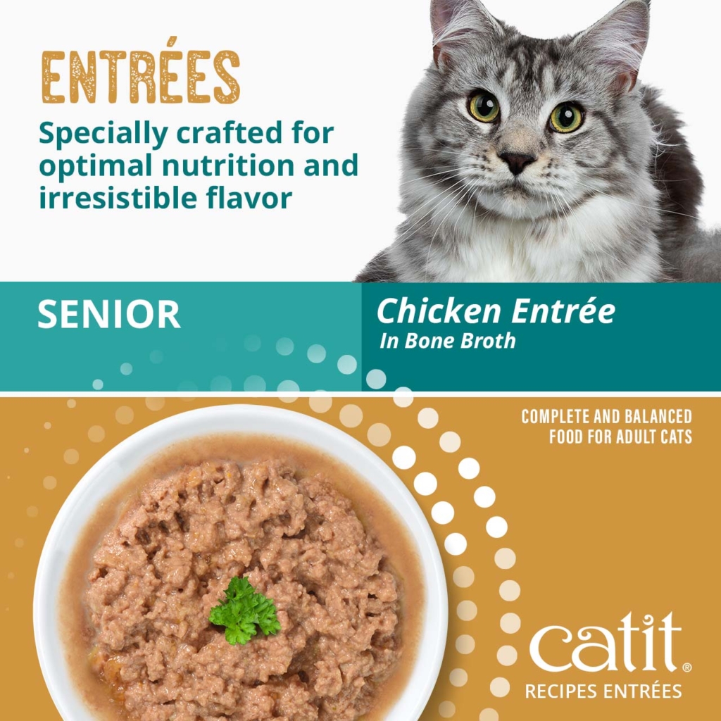 Catit Senior Chicken Entrée in Bone Broth, a complete and balanced wet food for adult cats