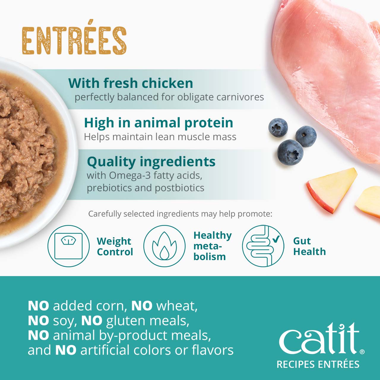 Catit Recipes Entrées cat food features fresh chicken, high animal protein, and quality ingredients to support weight, metabolism, and gut health without artificial additives or fillers