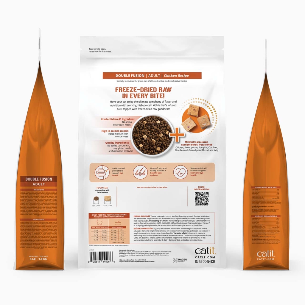 Catit Double Fusion Adult Chicken recipe dry cat food packaging showing ingredients, feeding guidelines, and benefits