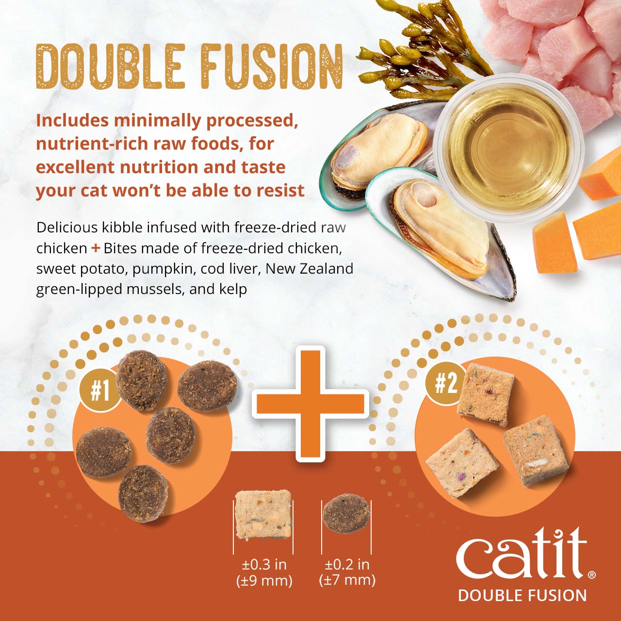 Catit Double Fusion cat food combines nutrient-rich kibble with freeze-dried raw chicken, sweet potato, and other ingredients
