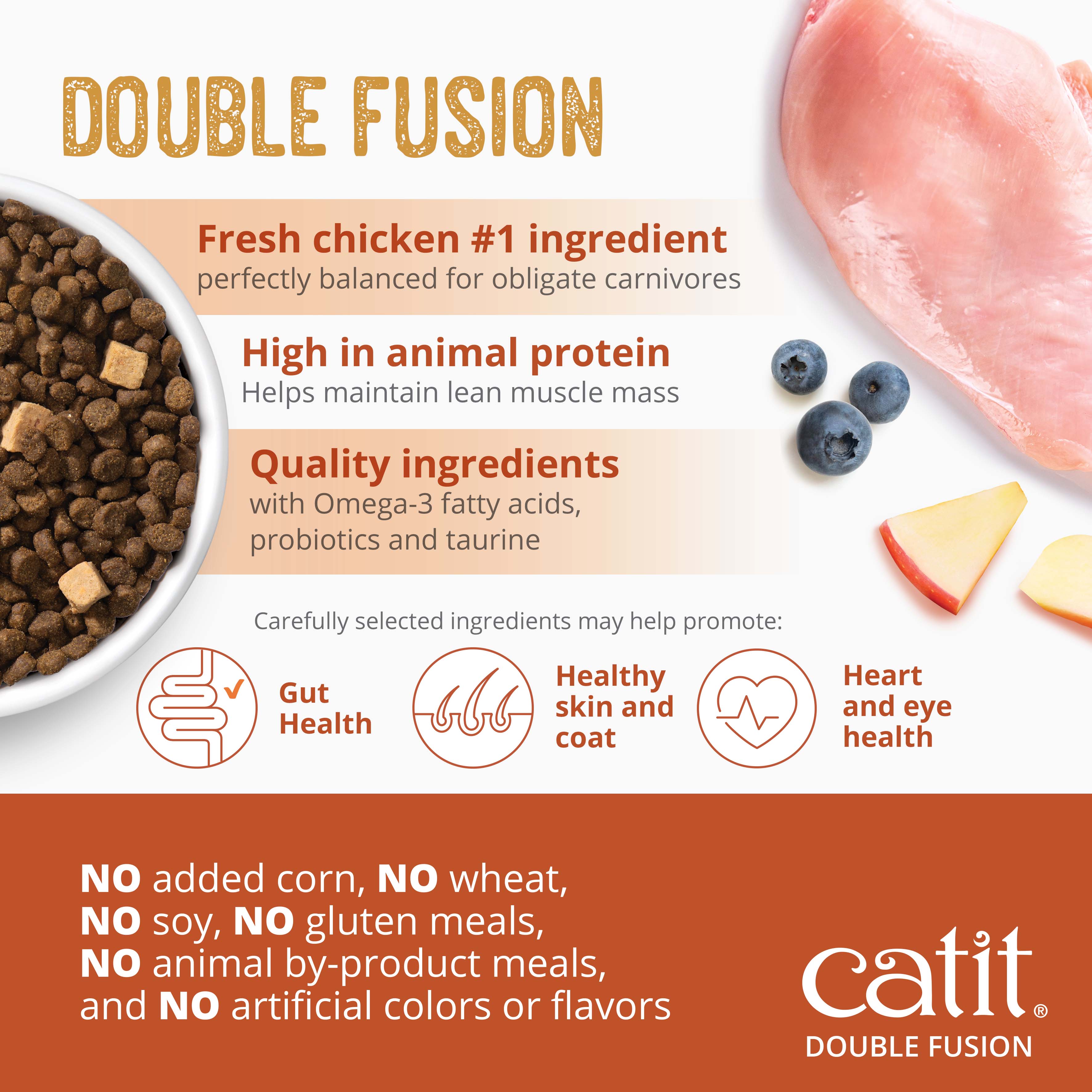 Catit Double Fusion cat food features fresh chicken as the primary ingredient, high animal protein, and quality nutrients.
