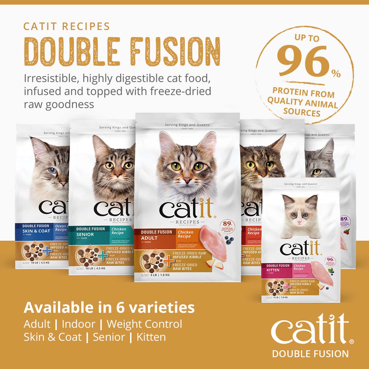 Catit Double Fusion cat food in six varieties, featuring freeze-dried raw infused kibble with up to 96% animal protein
