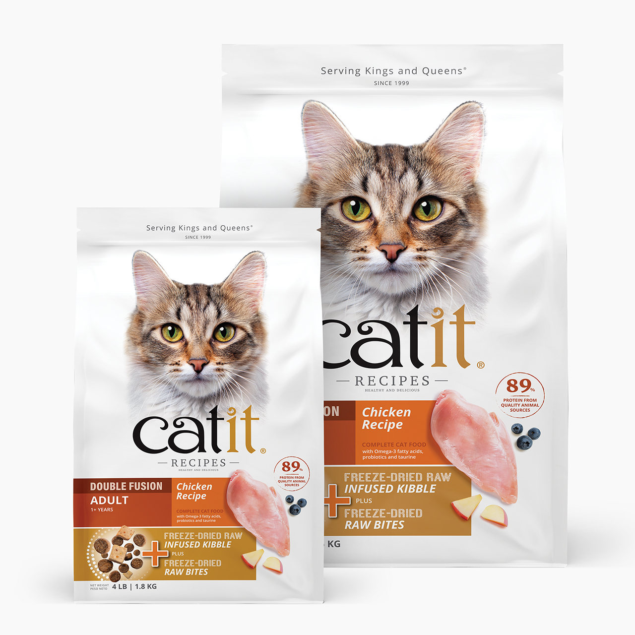 Two bags of Catit Recipes Double Fusion Adult Chicken cat food, featuring freeze-dried raw infused kibble and raw bites