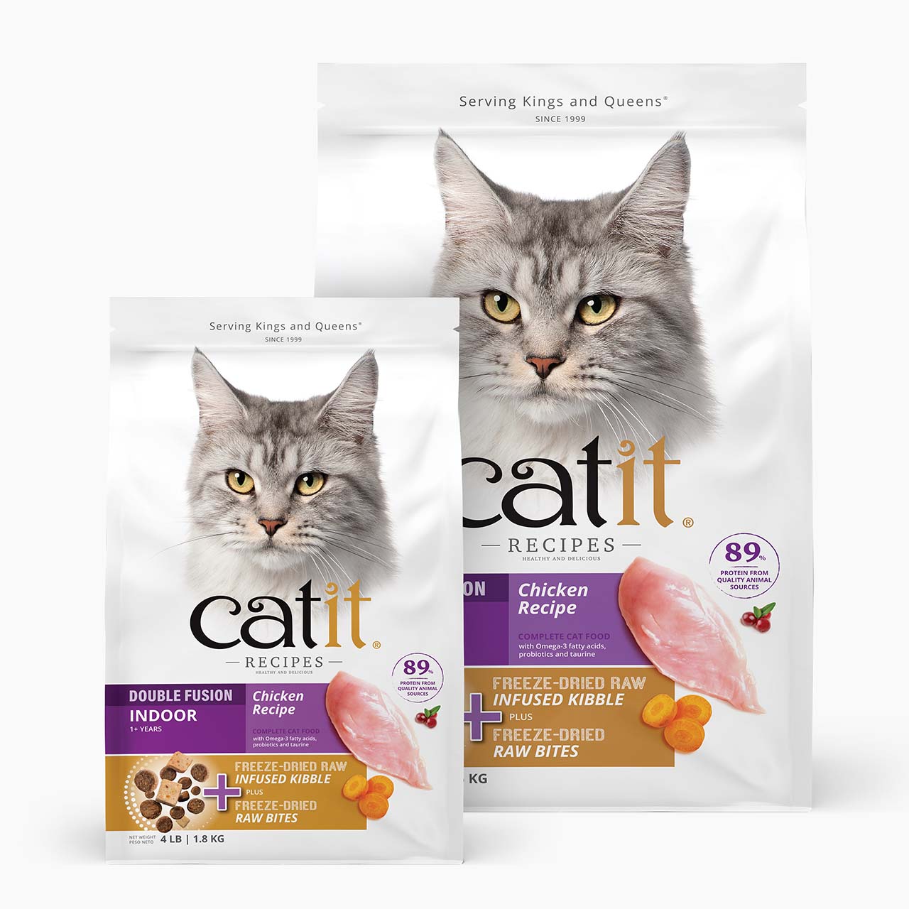 Two bags of Catit Recipes Chicken cat food, one labeled for indoor cats, featuring freeze-dried raw infused kibble.