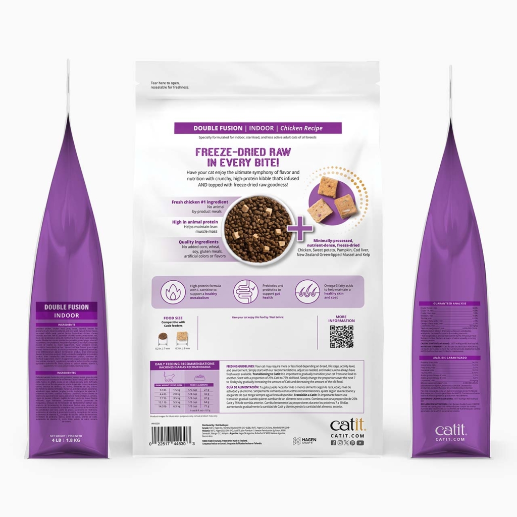 Catit Double Fusion Indoor Chicken cat food packaging showing product benefits, feeding guidelines, and nutritional analysis