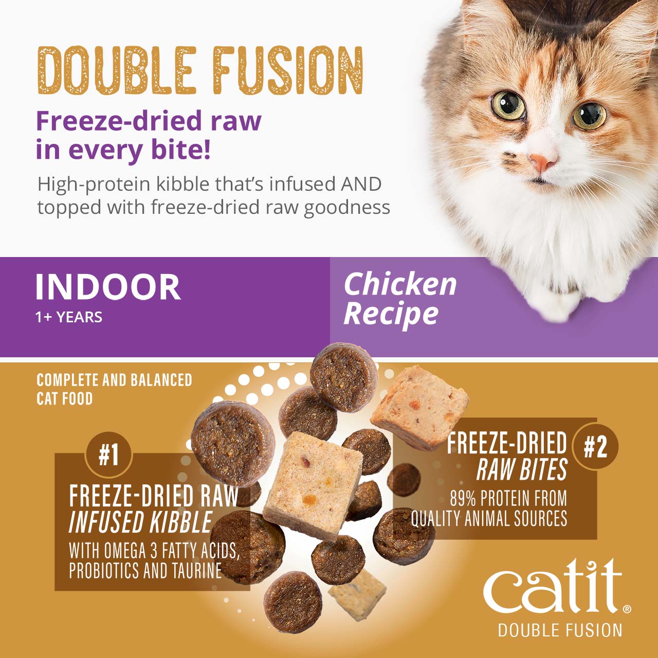 Catit Double Fusion indoor chicken recipe cat food features freeze-dried raw bites and raw-infused kibble for cats 1+ years
