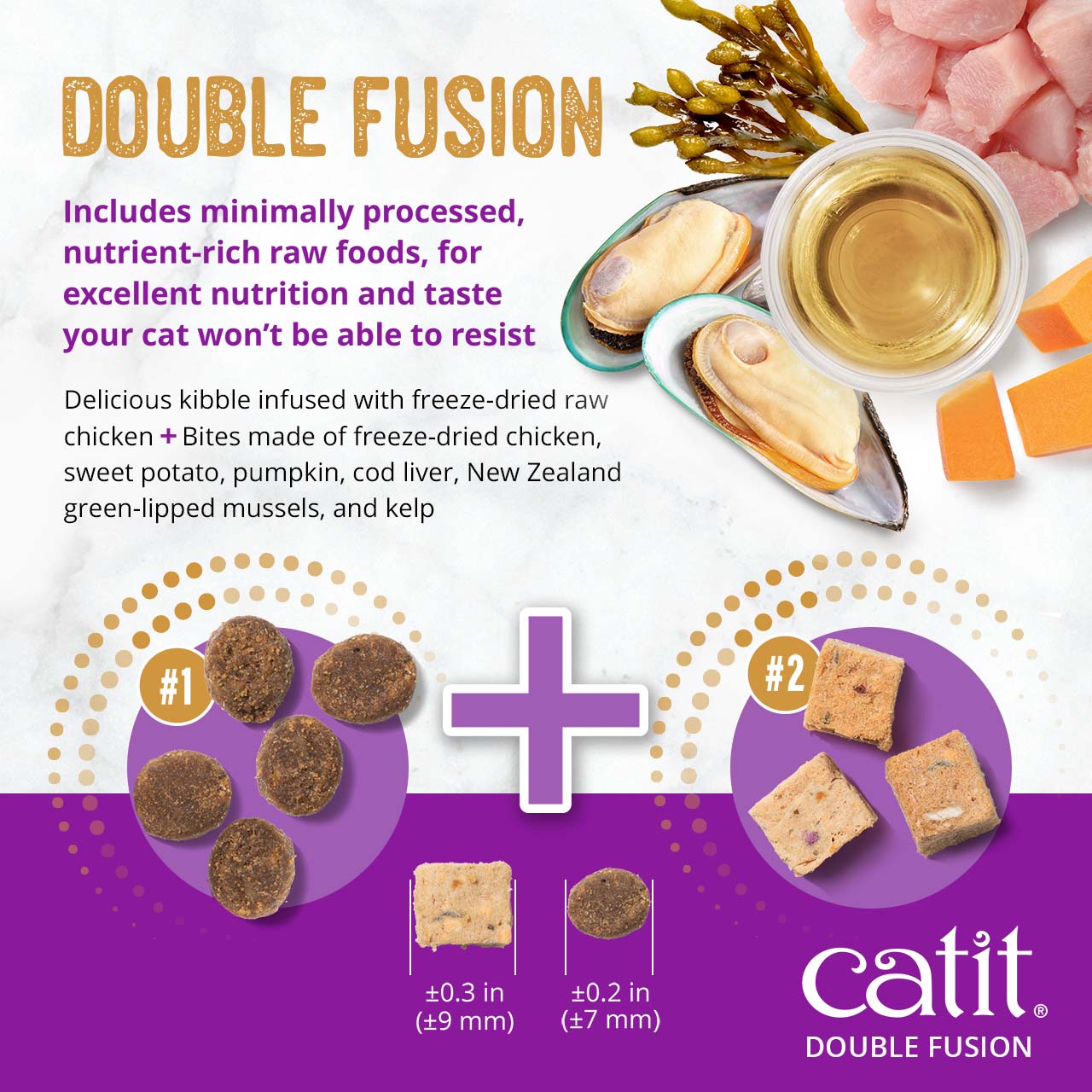 Catit Double Fusion cat food combines kibble with freeze-dried raw chicken, sweet potato, pumpkin, cod liver, and mussels