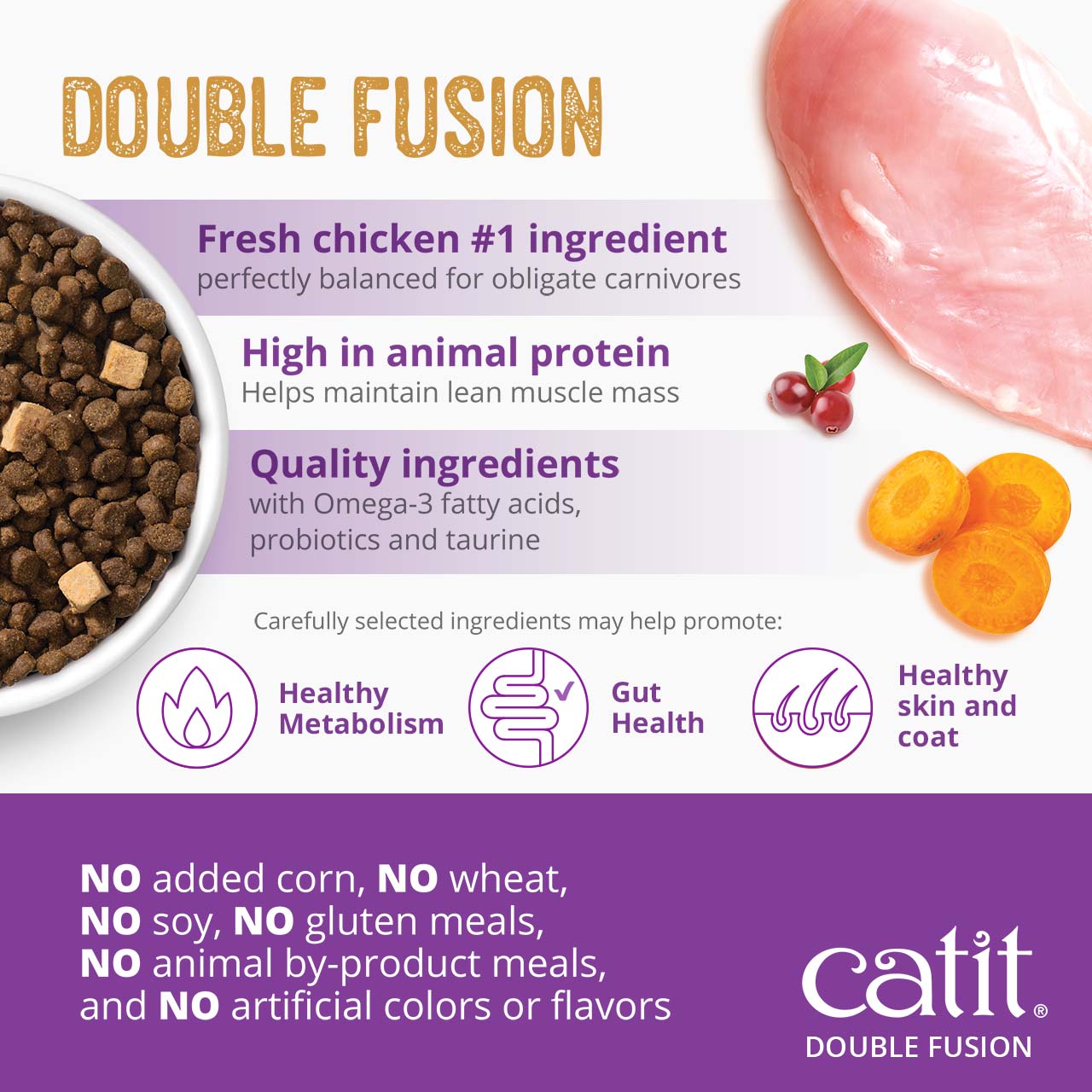 Catit Double Fusion cat food features fresh chicken as the primary ingredient, high animal protein, and quality nutrients